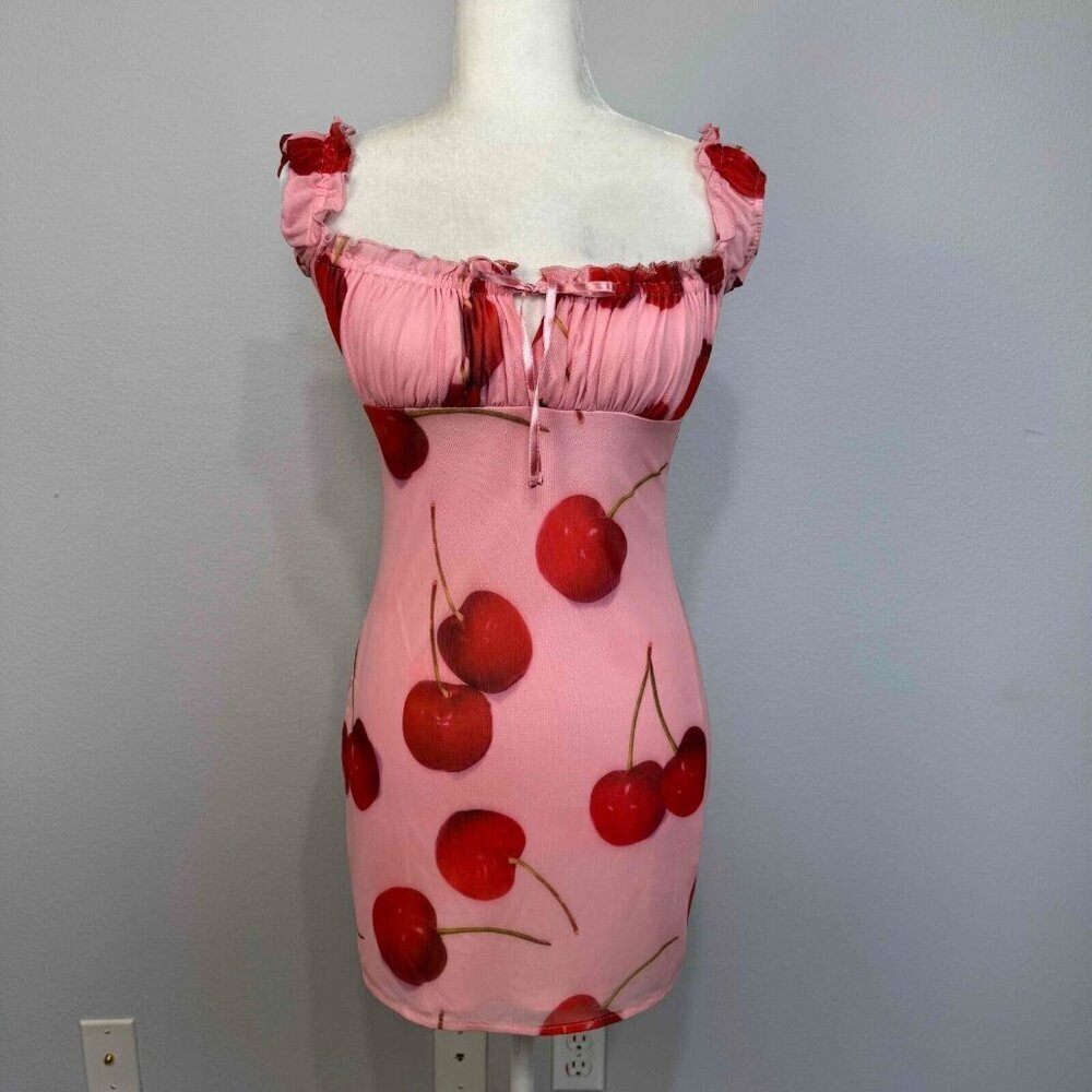 Kimchi Blue Women's Cherry Print Bianca Mesh Mini Dress Off Shoulder Pink Size S